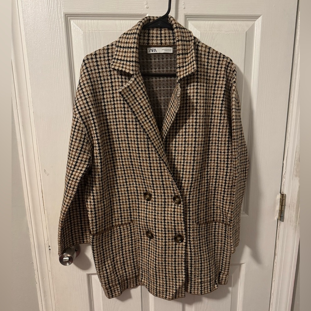 Zara Women's Tan and Black Houndstooth Blazer